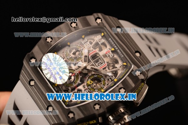 Richard Mille RM 11-09 Chrono Swiss Valjoux 7750 Automatic Carbon Fiber Case with Skeleton Dial Arabic Numeral and White Rubber Strap - 1:1 Original(KV) - Click Image to Close
